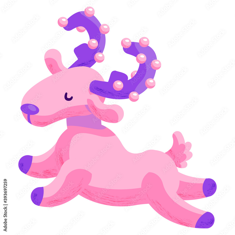 Pink christmas deer on white isolated backdrop. Christmas holiday mascot for invitation or gift card, notebook, bath tile, scrapbook. Phone case or cloth print. Flat style stock vector illustration Pink christmas deer on white isolated backdrop. Christmas holiday mascot for invitation or gift card, notebook, bath tile, scrapbook. Phone case or cloth print. Flat style stock vector illustration
