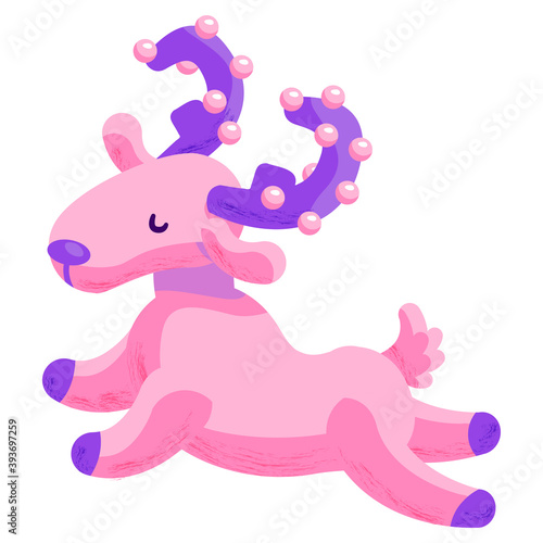 Pink christmas deer on white isolated backdrop. Christmas holiday mascot for invitation or gift card  notebook  bath tile  scrapbook. Phone case or cloth print. Flat style stock vector illustration