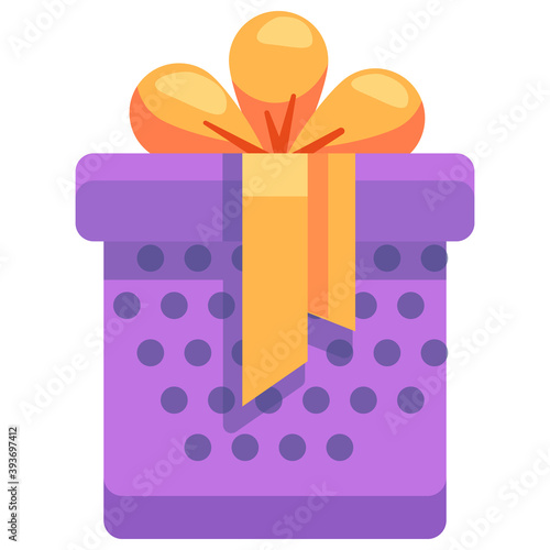 Gift box with ribbon on white isolated backdrop. Christmas holiday symbol for invitation or gift card, notebook, bath tile, scrapbook. Phone case or cloth print. Flat style stock vector illustration