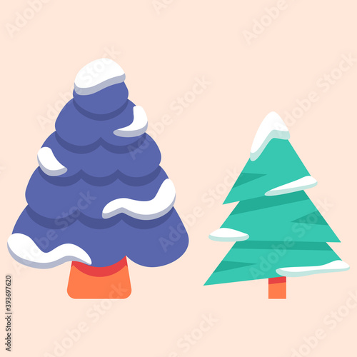 Snowed spruce trees on pale beige backdrop. Christmas holiday postcard for invitation or gift card, notebook, bath tile, scrapbook. Phone case or cloth print. Flat style stock vector illustration