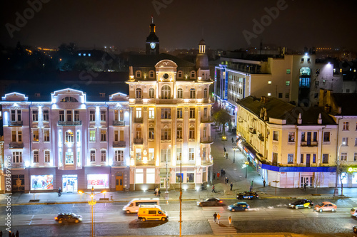 Night aerial panoramic of the Soborna street in the historical center of Vinnytsia, Ukraine. November 2020