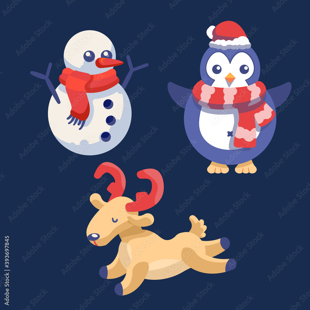 Snowman, deer and penguin on navy blue backdrop. Christmas holiday postcard for invitation or gift card, notebook, bath tile, scrapbook. Phone case or cloth print. Flat style stock vector illustration