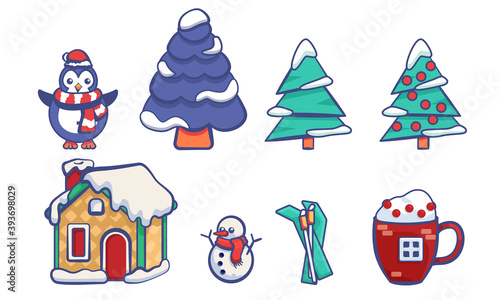 Penguin, snowman, spruce on white isolated backdrop. Christmas sticker set for invitation or gift card, notebook, bath tile, scrapbook. Phone case or cloth print. Flat style stock vector illustration