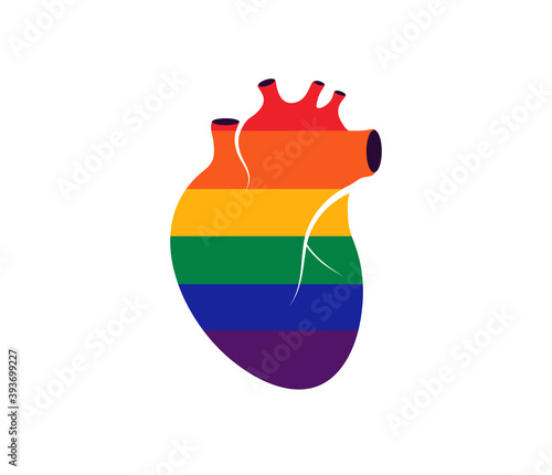 Icon of human realistic heart with lgbt symbolic. Anatomyc heart with lgbt flags  homosexual colors. Logo design template isolated on white background