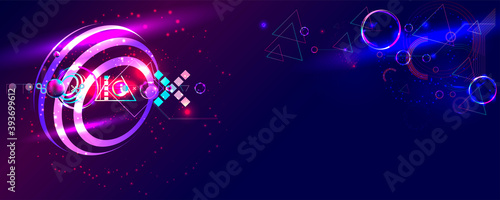 Dark retro futuristic art neon abstraction background cosmos new art 3d starry sky glowing galaxy and planets blue circles, banner, poster, social media, cover, ad, landing page