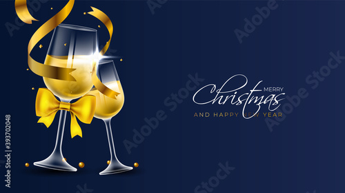 Merry christmas postcard design with two champagne flutes