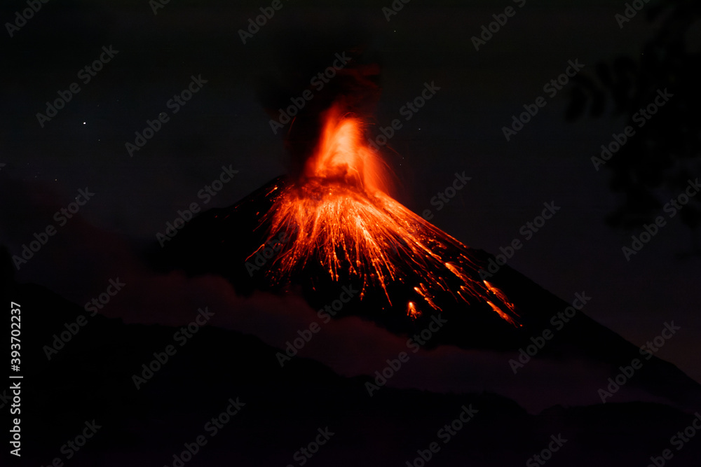 Reventador Volcano night eruption - Napo Province, Ecuador