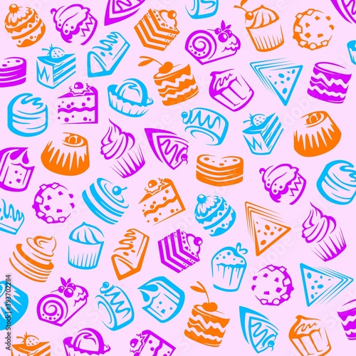 Delicious cute cupcake set. Vector illustration, isolated cartoon desserts. Vector hand drawn illustration. Cupcake, cake, muffins, donut, pie, pastries, sweetness, candy. Set cupcake collection