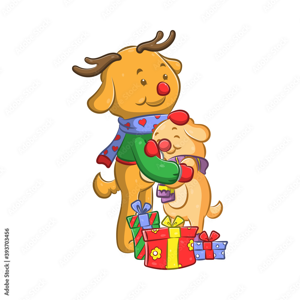 The dear doll hugging the yellow dog beside the Christmas gifts The dear doll hugging the yellow dog beside the Christmas gifts