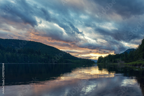 Beautiful sunset over Inland Lake near Powell River in British Columbia, Canada