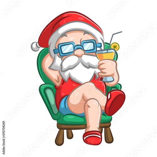 The old Santa Claus sitting with the short pants and holding a glass of orange juice