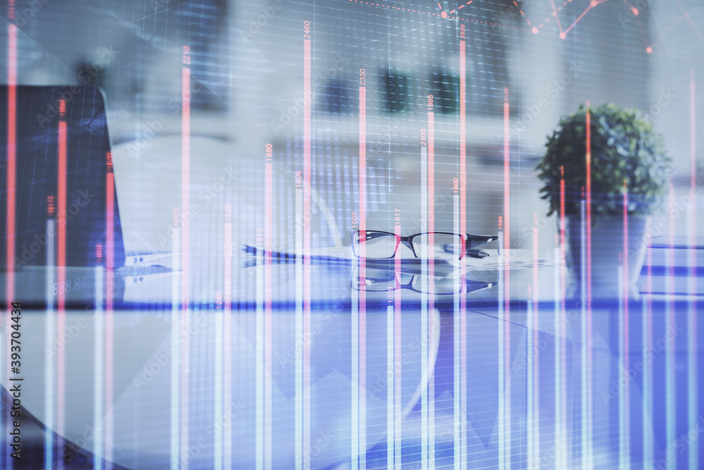 Double exposure of financial graph drawing and office interior background. Concept of stock market. Double exposure of financial graph drawing and office interior background. Concept of stock market.