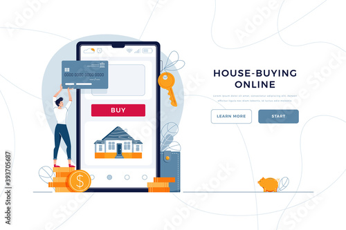 House-buying online landing page template. Man buys a new home, paying by credit card. mortgage, property purchase, house loan concept for web design. People in flat cartoon style, vector illustration