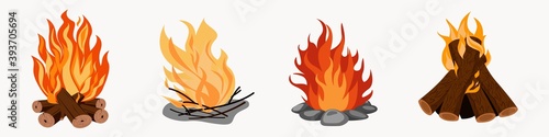 Bonfire set, travel and adventure symbol. Cartoon campfire isolated on white background.