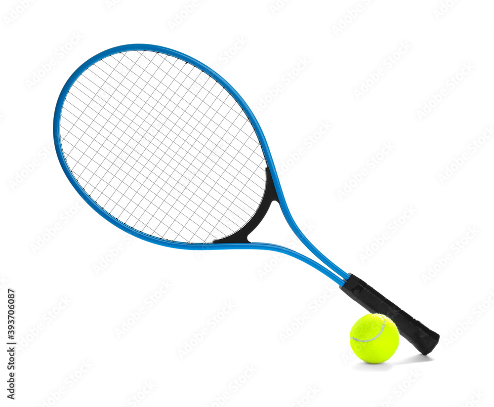 Tennis racket and ball on white background. Sports equipment