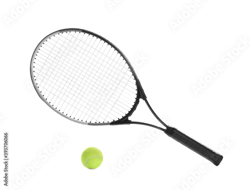 Fototapeta Tennis racket and ball on white background. Sports equipment