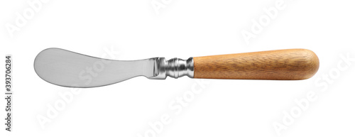 Foto Soft cheese knife with wooden handle isolated on white
