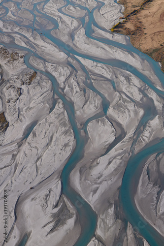 Aerial view of the braided Dart River close to Glenorchy, South Island, New Zealand.