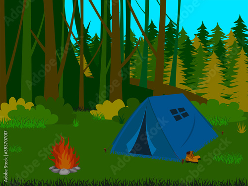 Camping tent with hiking boots and bonfire on the background of coniferous forest. Vector illustration in a flat design on the theme of tourism