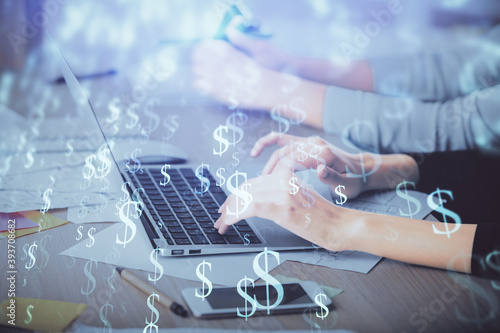 Multi exposure of woman hands typing on computer and financial chart hologram drawing. Stock market analysis concept.