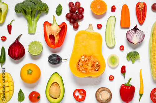 Fototapeta Naklejka Na Ścianę i Meble -  Composition with fresh organic fruits and vegetables on white background, top view