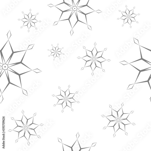 Seamless pattern of geometric dark grey hollow snowflakes different sizes on white background. Flat style winter holiday and Happy New Year concept. Christmas ornament for textile or wrapping paper