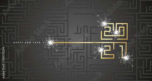 Happy New Year 2021 gold cyberspace abstract high tech new year 2021 typography white firework black background