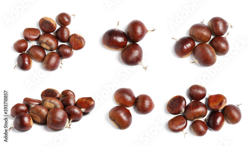 Cuadro en lienzo Set of sweet edible chestnuts on white background, top view