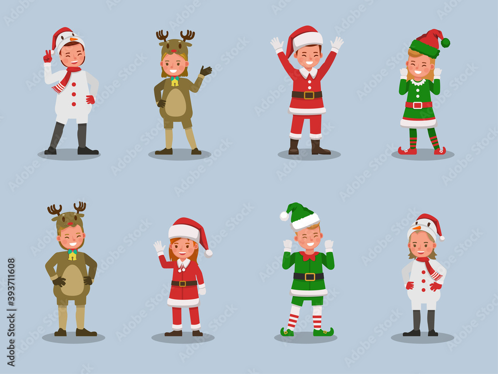 Set of kids boy and girl wearing Christmas costumes character vector design. Presentation in various action with emotions.