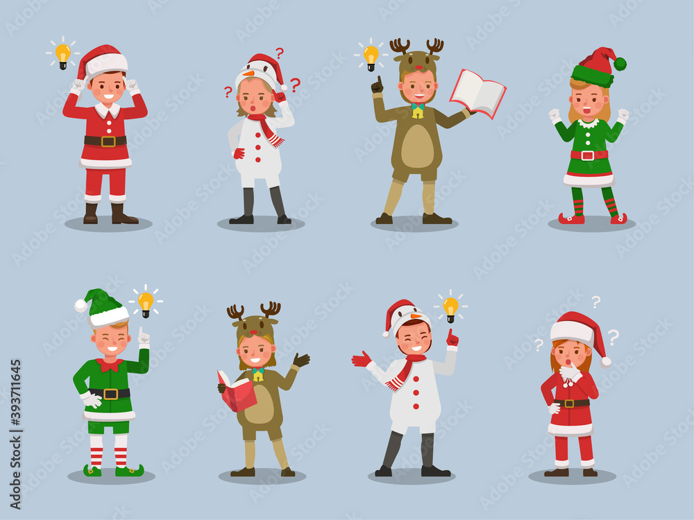 Set of kids boy and girl wearing Christmas costumes character vector design. Presentation in various action with emotions. no3