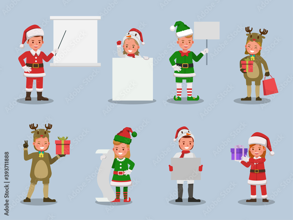 Set of kids boy and girl wearing Christmas costumes character vector design. Presentation in various action with emotions. no18 Set of kids boy and girl wearing Christmas costumes character vector design. Presentation in various action with emotions. no18