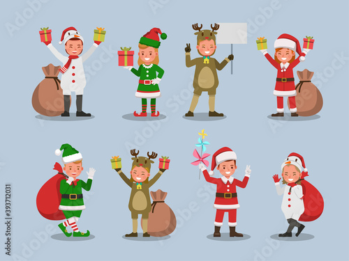 Set of kids boy and girl wearing Christmas costumes character vector design. Presentation in various action with emotions. no28