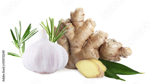 Ginger root, garlic and rosemary on white background photo