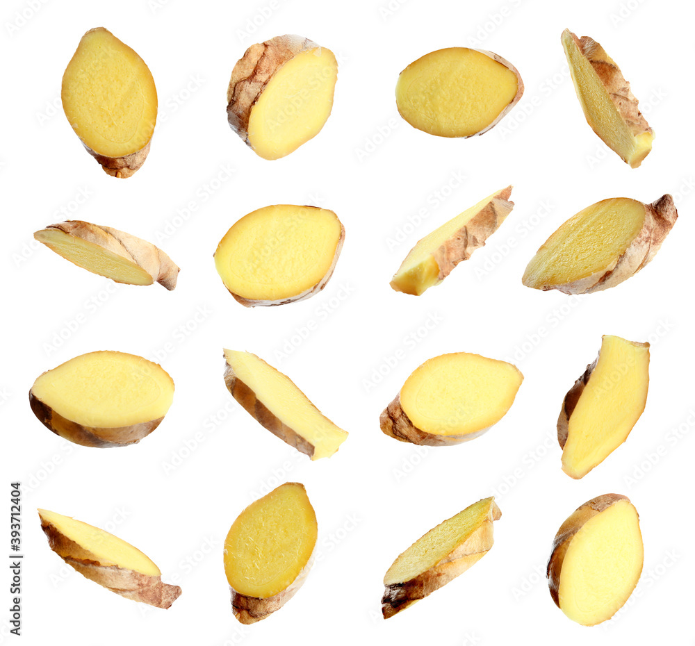 Set of fresh ginger slices on white background Set of fresh ginger slices on white background