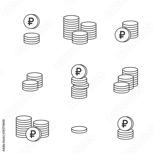 Coins icon. Ruble coin. Ruble sign. Vector money symbol. Bank payment symbol. World economics. Finance symbol. Currency symbol. Set of outline money. Stack of coins. Cash icon. Russian ruble.