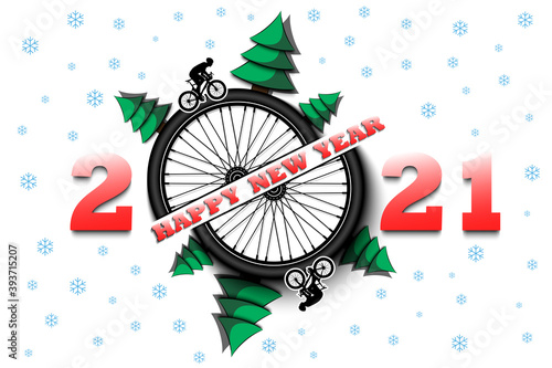 Happy new year 2021 and bicycle wheel with Christmas trees on an isolated background. Cyclist in motion. Design pattern for greeting card. Vector illustration
