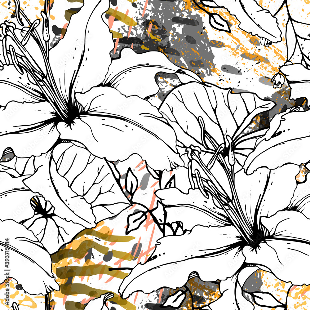 Fototapeta premium Floral Black White Pattern. Modern Watercolor