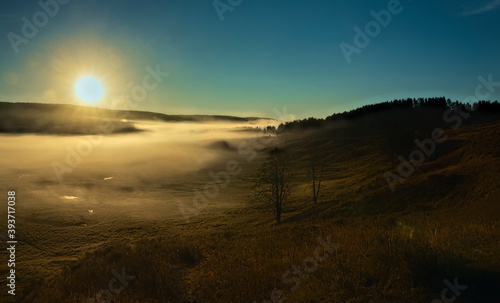 Mist in the Hayden Valley at sunrise, Yellowstone National Park, Wyoming, USA
