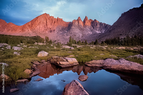 Evening light on the breathtaking Cirque of Towers, seen from Shadow Lake, Wind River Range, Wyoming, USA