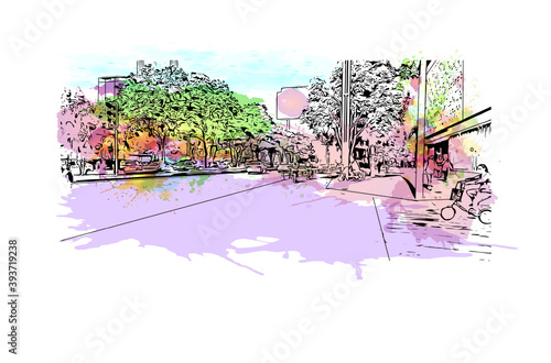 Building view with landmark of Chengdu is the
City of China. Watercolour splash with hand drawn sketch illustration in vector.