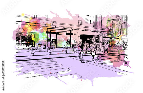 Building view with landmark of Chengdu is the
City of China. Watercolour splash with hand drawn sketch illustration in vector.