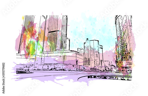 Building view with landmark of Chengdu is the
City of China. Watercolour splash with hand drawn sketch illustration in vector.