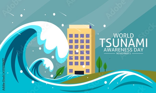 World Tsunami Awareness Day November 5th, Waves Hit the City, Concept art for Templates, Banners or Posters. Vector illustration.