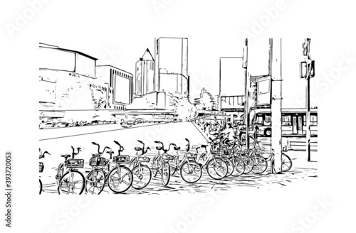 Building view with landmark of Chengdu is the
City of China. Hand drawn sketch illustration in vector.