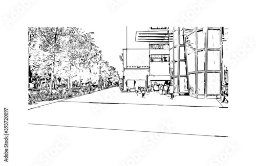 Building view with landmark of Chengdu is the
City of China. Hand drawn sketch illustration in vector.