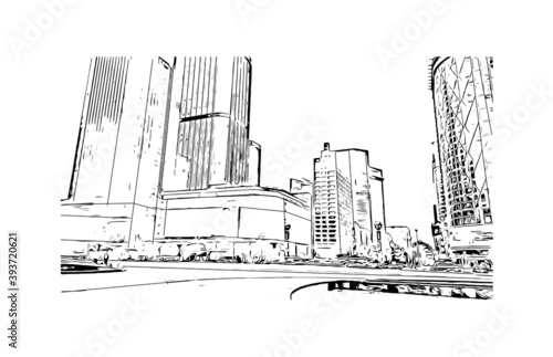 Building view with landmark of Chengdu is the
City of China. Hand drawn sketch illustration in vector.