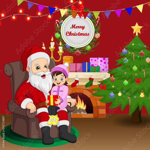 Cartoon Santa Claus with girl sitting on the lap