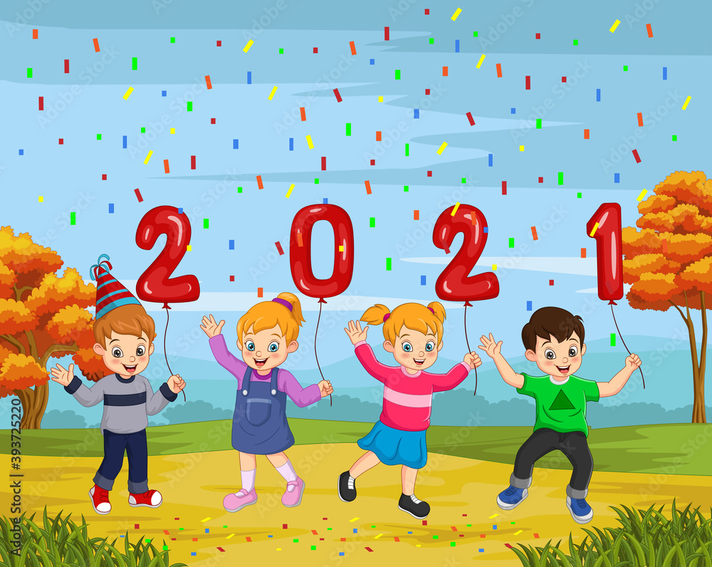 Happy New Year 2021 with kid holding a balloon numbers