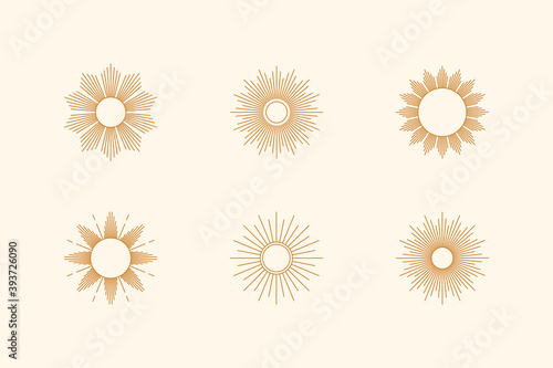 Big set of Sun shapes and Sunburst in minimal trendy style. Vector Icon, logo, labels, badges isolated. Boho illustration for t-shirts print, wall art, patterns