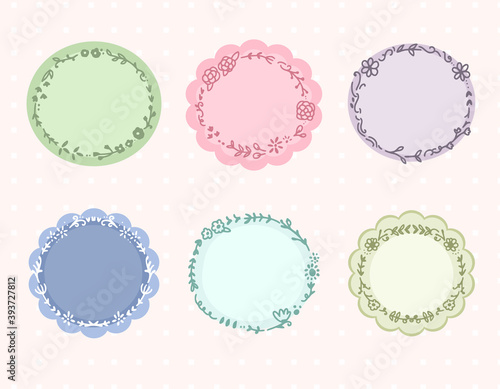 Set of cute colorful floral circle frame label collection